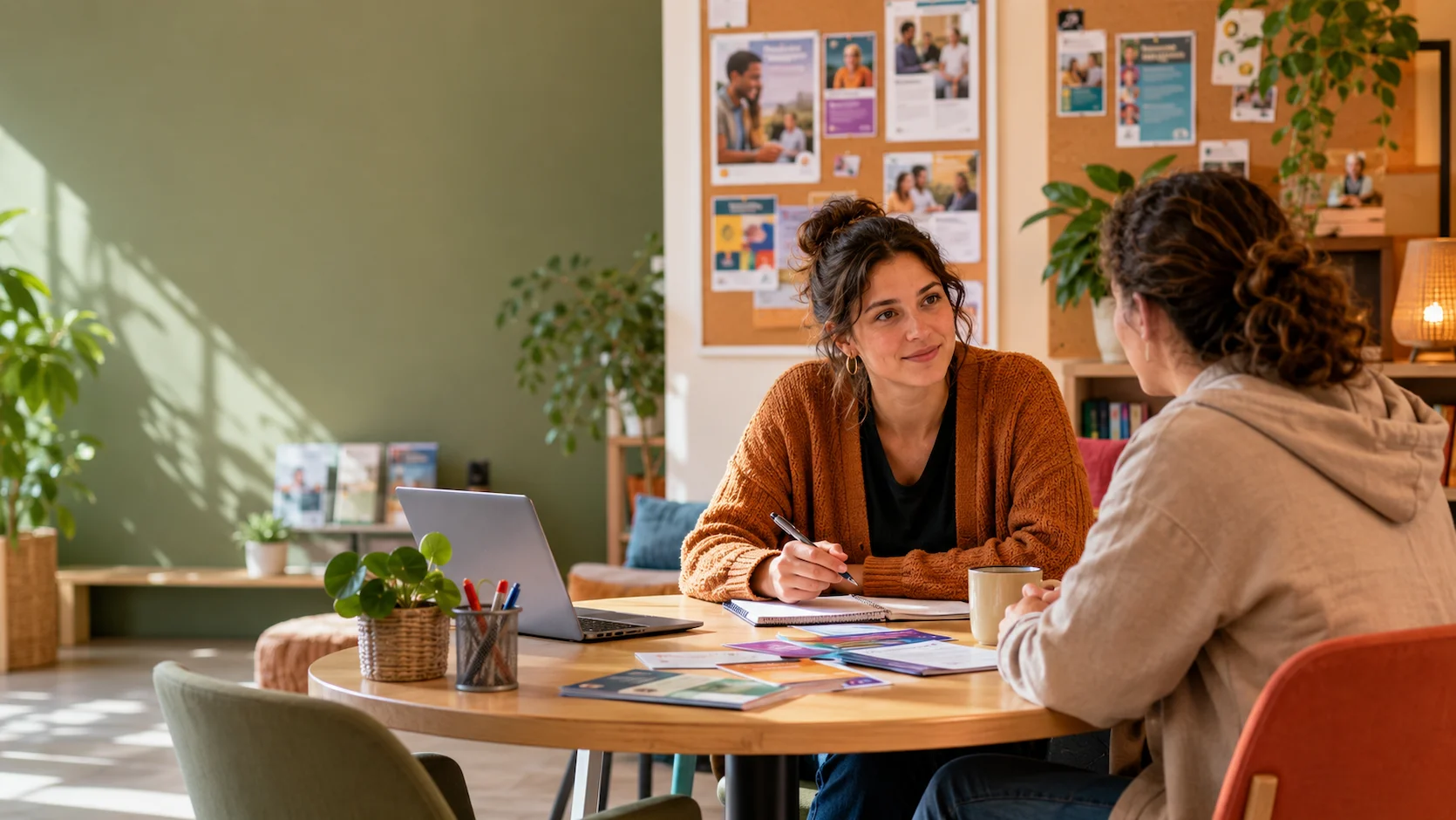 Test orientation assistant socio-éducatif : travailleur social en entretien avec une famille dans un bureau accueillant