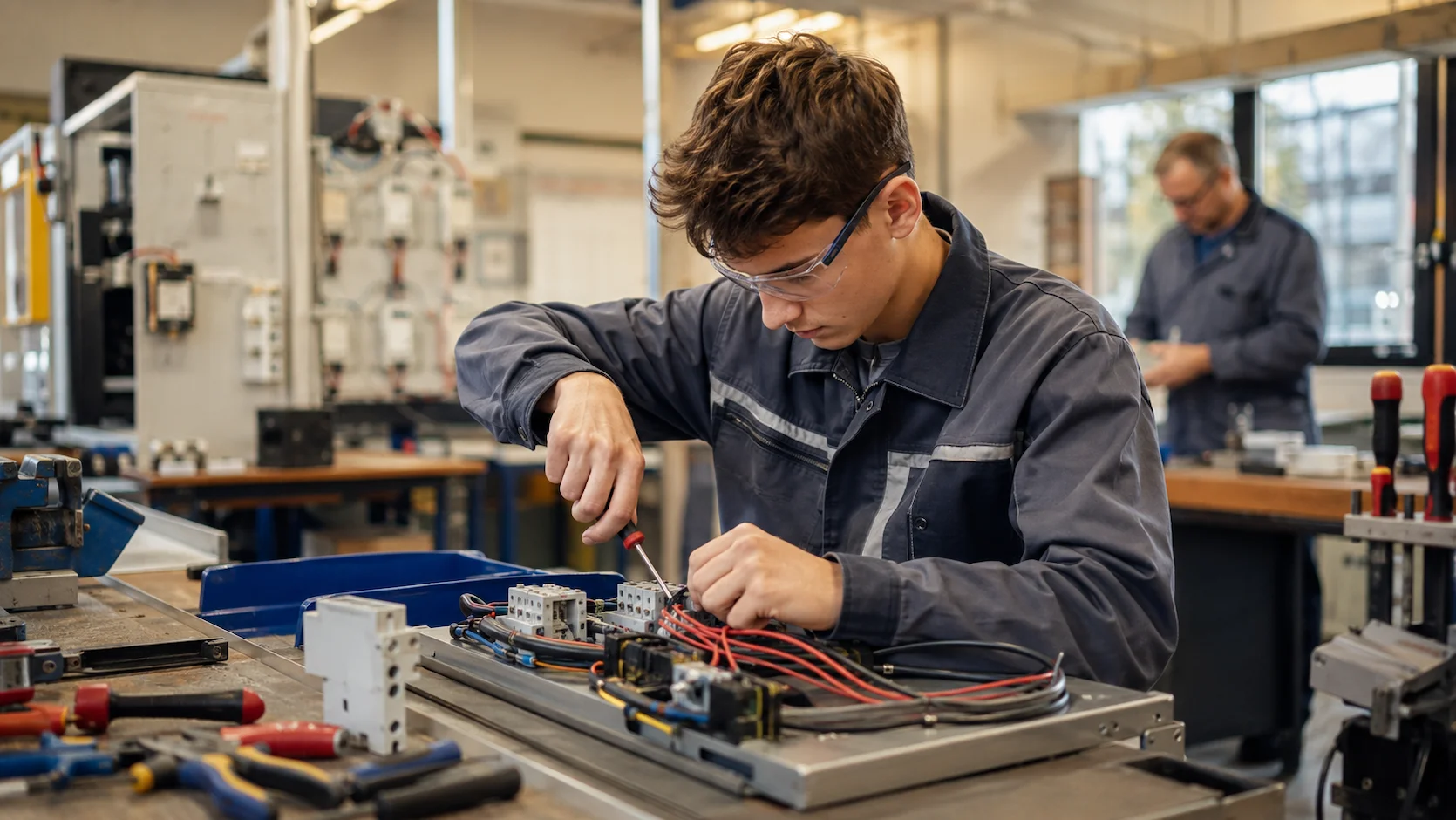 Test Bac professionnel : lycéen en lycée professionnel réalisant un travail technique pratique en atelier avec des outils