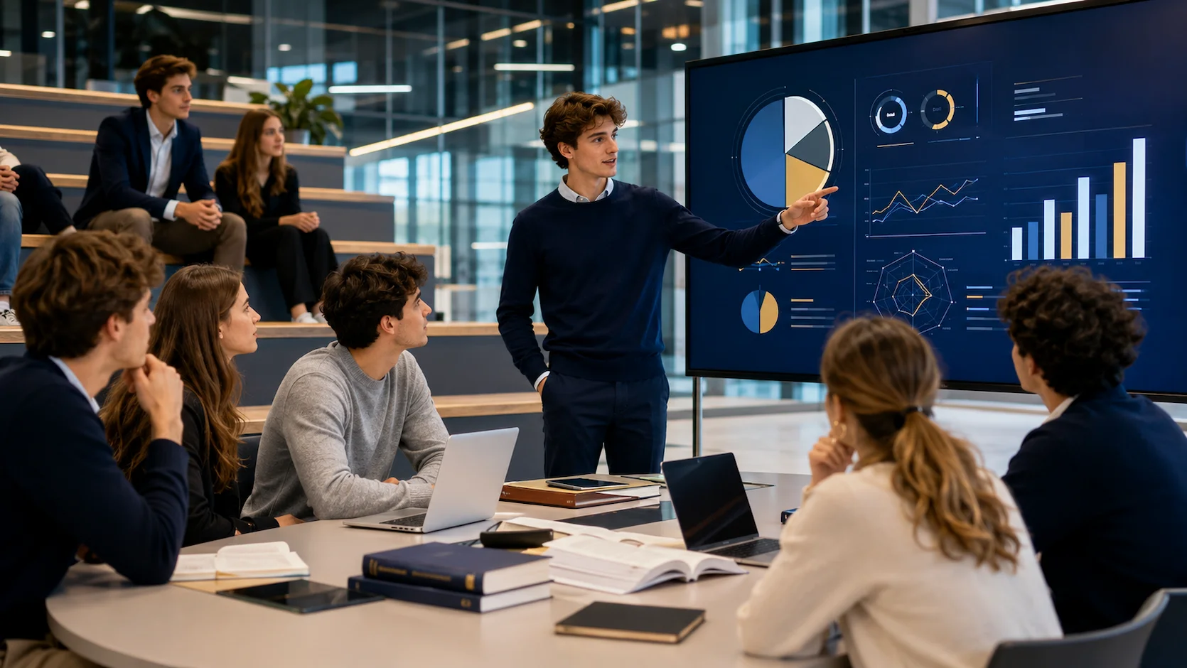 Test Bachelor école de commerce : étudiants ambitieux en école de commerce française, présentant un projet commercial ou en networking sur un campus moderne