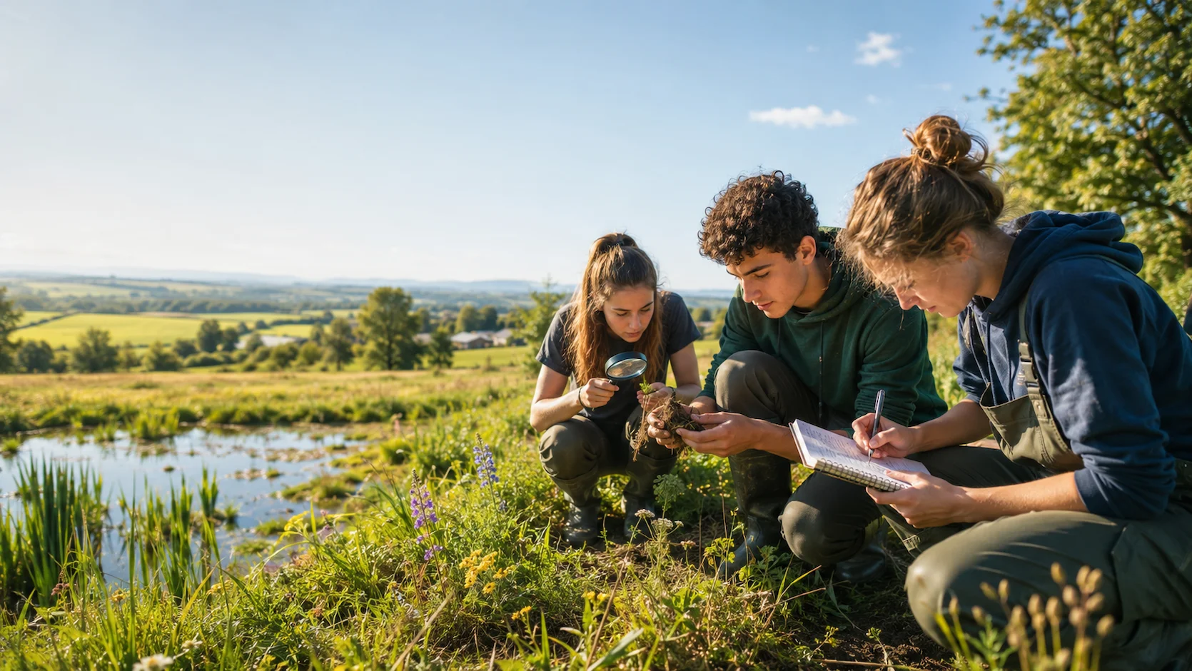 Test spécialité biologie-écologie : lycéens en sortie terrain observant la biodiversité dans une prairie ou une zone humide, carnet de relevés à la main