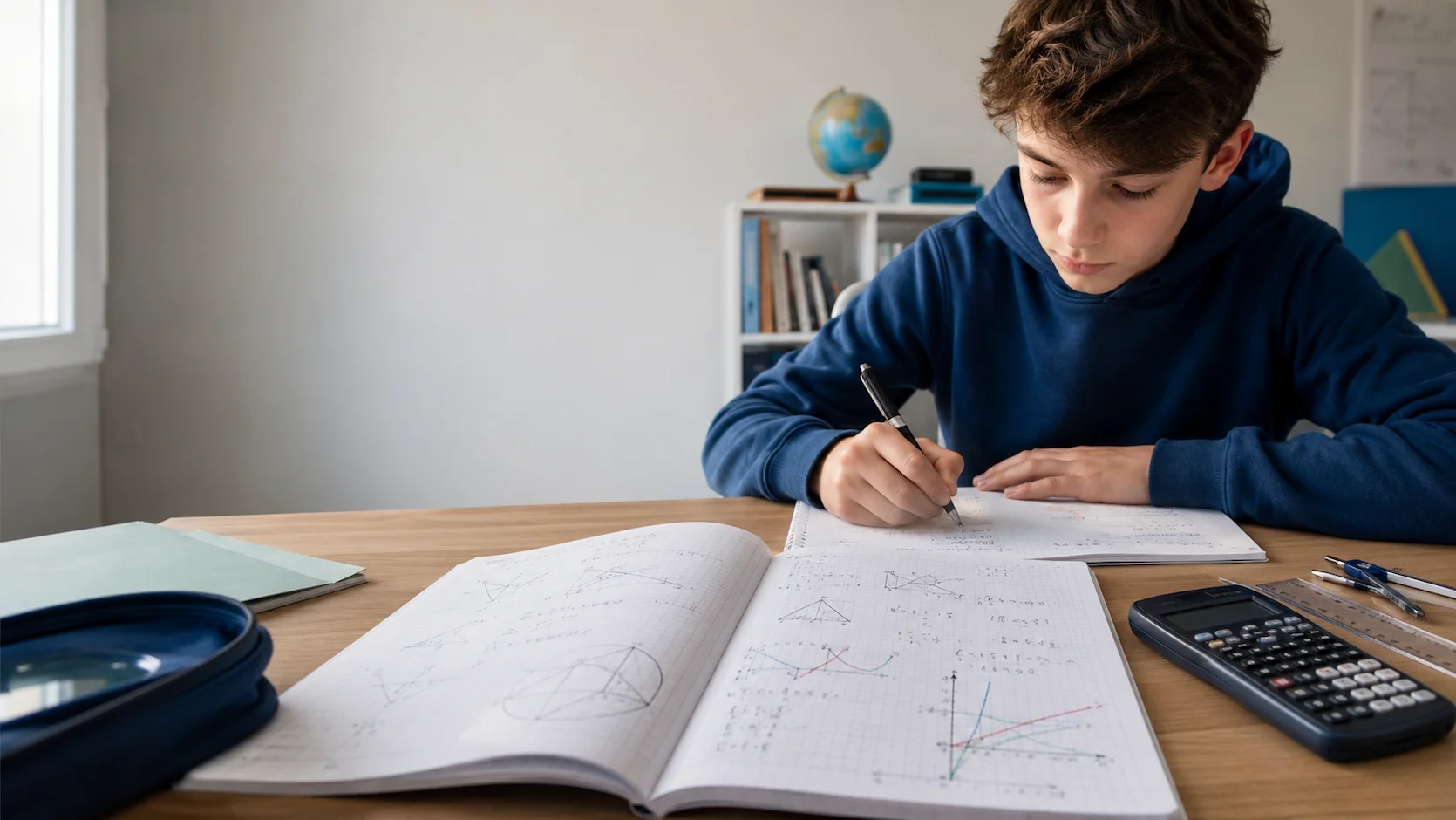 Test de niveau Maths Brevet : cahier de mathématiques et calculatrice scientifique sur un bureau de collège