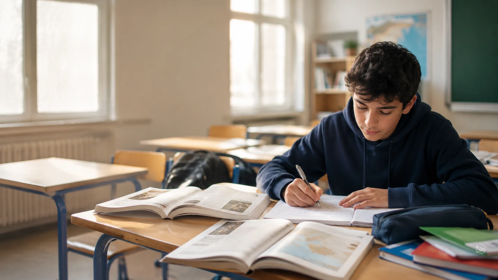 Hub tests niveau Brevet des collèges : cahiers de Français, Maths et Histoire-Géo sur un bureau de collège