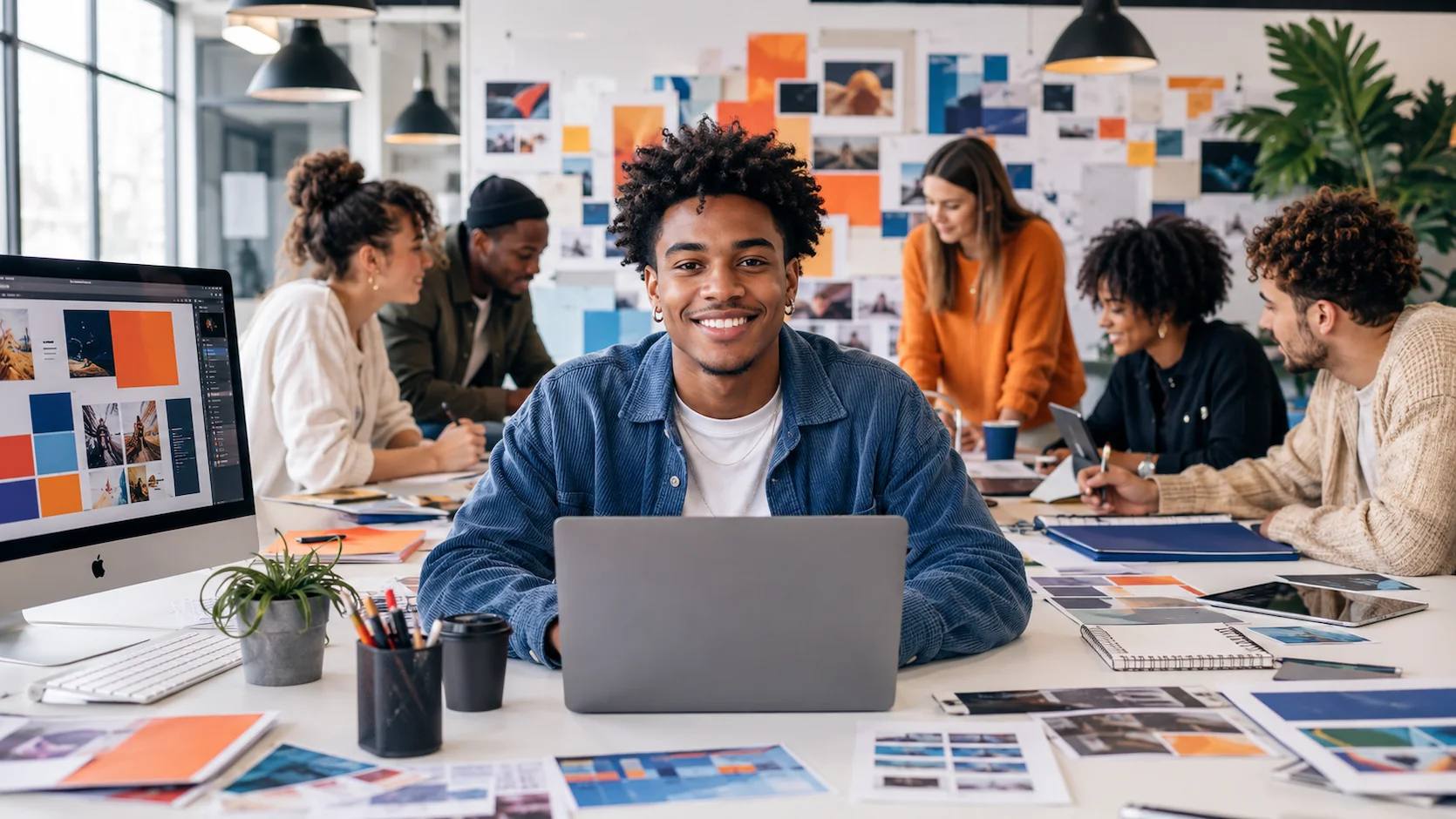 Test orientation BTS Communication : étudiante en BTS Communication créant une campagne visuelle et digitale sur son ordinateur avec son équipe