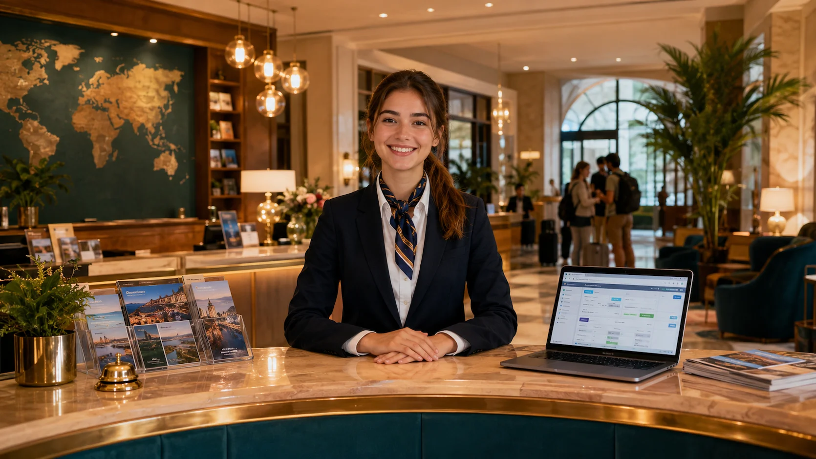 Test orientation BTS Tourisme Hôtellerie : étudiante en BTS Tourisme conseillant des voyageurs à l'accueil d'un espace touristique ou hôtel