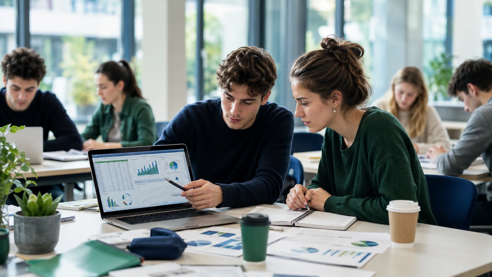 Test orientation BUT GEA : étudiant en IUT GEA travaillant en équipe sur un bilan financier et un tableau de bord sur ordinateur