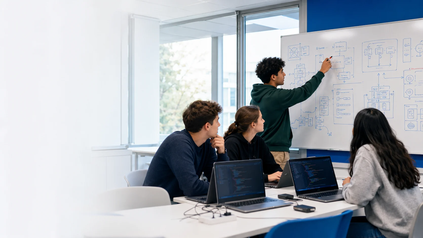 Test orientation BUT Informatique : étudiants en IUT dans un projet de développement informatique sur tableau blanc et ordinateurs