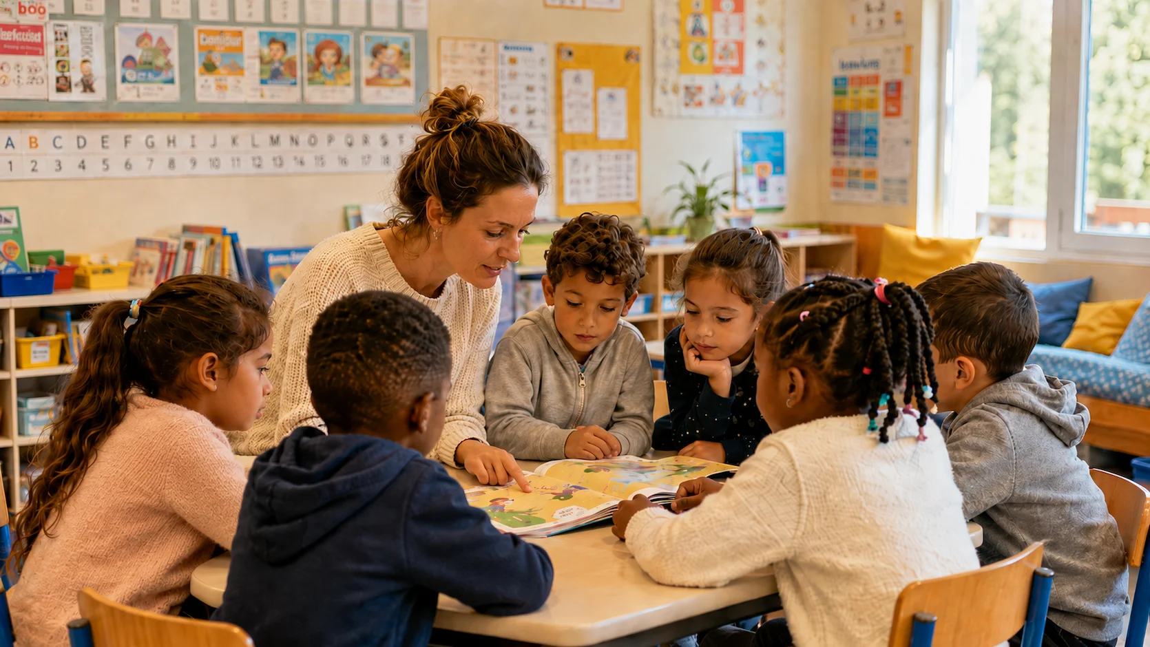 Enseignant travaillant avec un petit groupe de 6 eleves de CP autour d'une table dans une salle de classe lumineuse