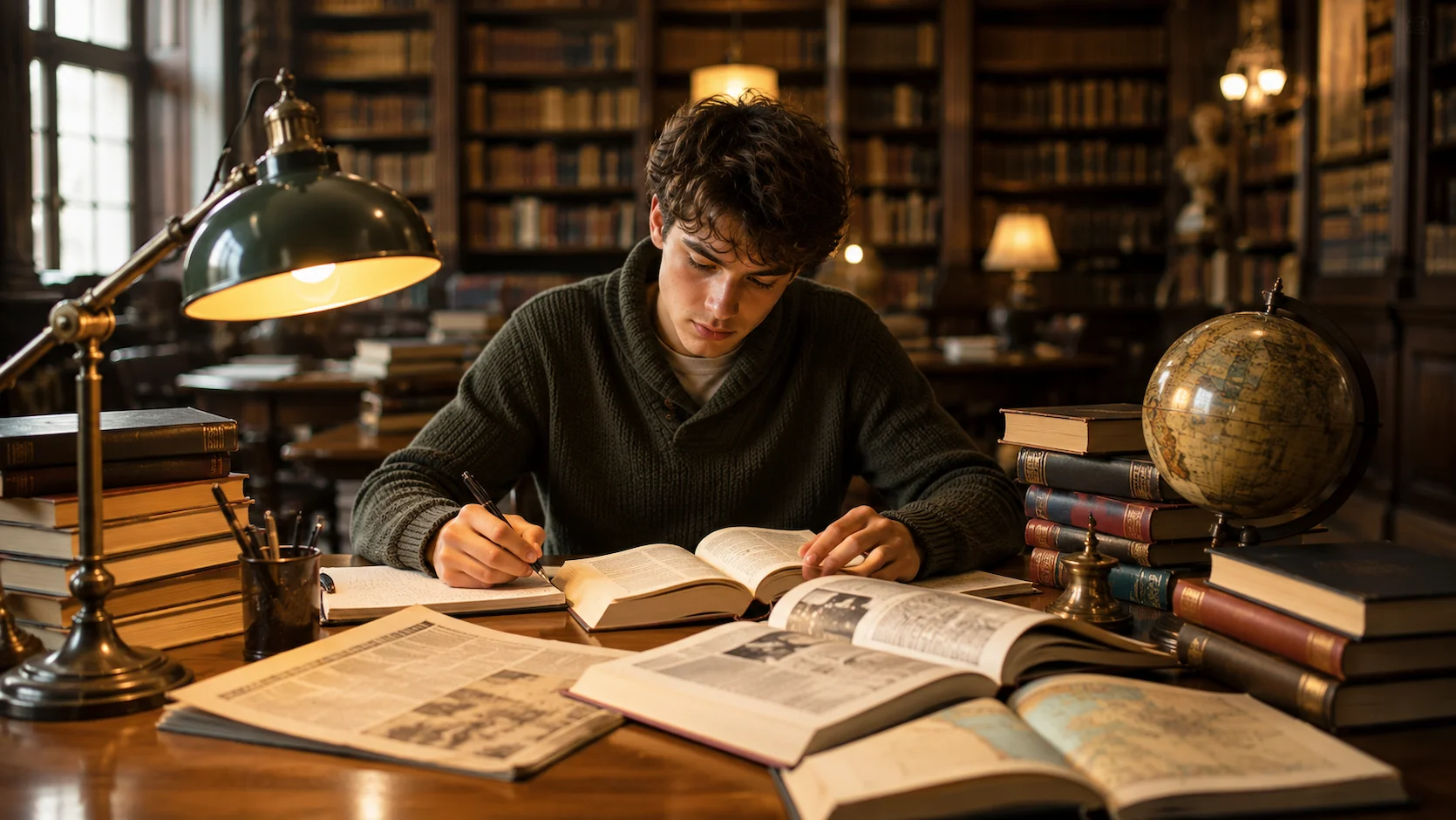 Quiz culture générale : jeune étudiant lisant un journal et des livres dans une bibliothèque studieuse
