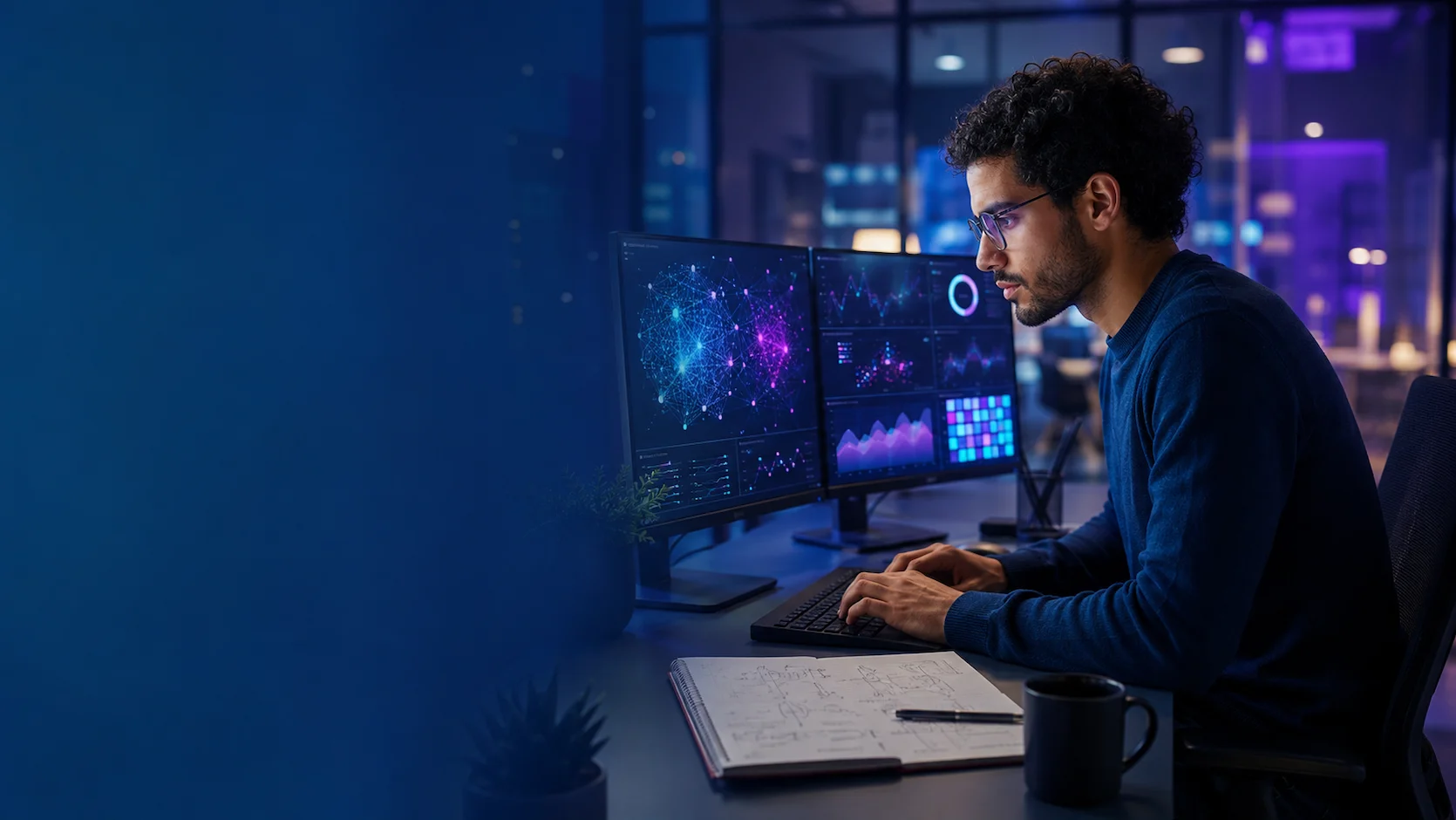 Test data analyst data scientist : professionnel de la data travaillant sur des tableaux de bord analytiques et des visualisations de données sur plusieurs écrans dans un bureau moderne