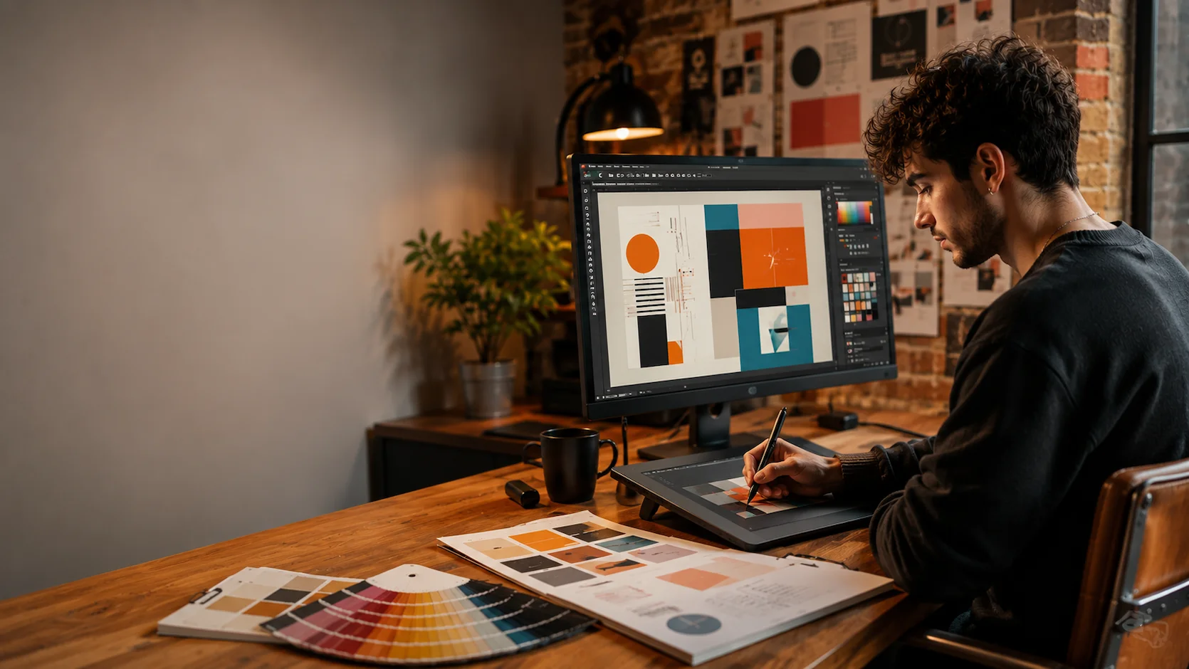 Test d'orientation Designer Graphique : jeune designer travaillant sur sa tablette graphique avec des nuanciers de couleurs dans son studio de design