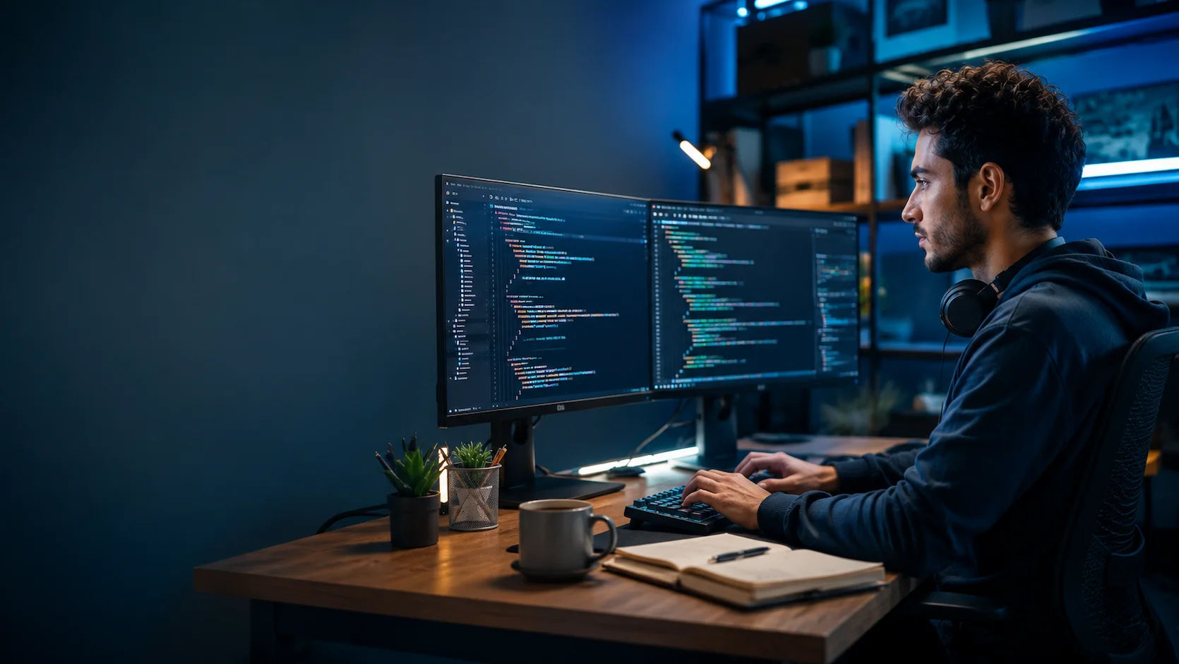 Test d'orientation Développeur Web : jeune développeur web programmant sur deux écrans avec du code de programmation coloré dans un bureau de start-up