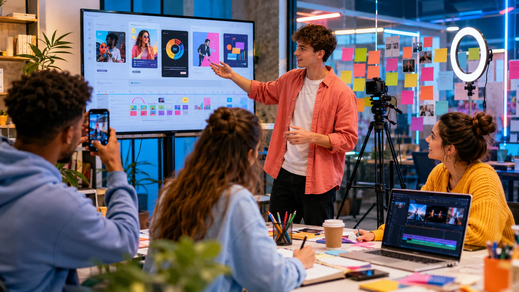 Test école de communication : étudiants en communication et médias travaillant sur une stratégie de contenu digital dans un studio moderne et coloré