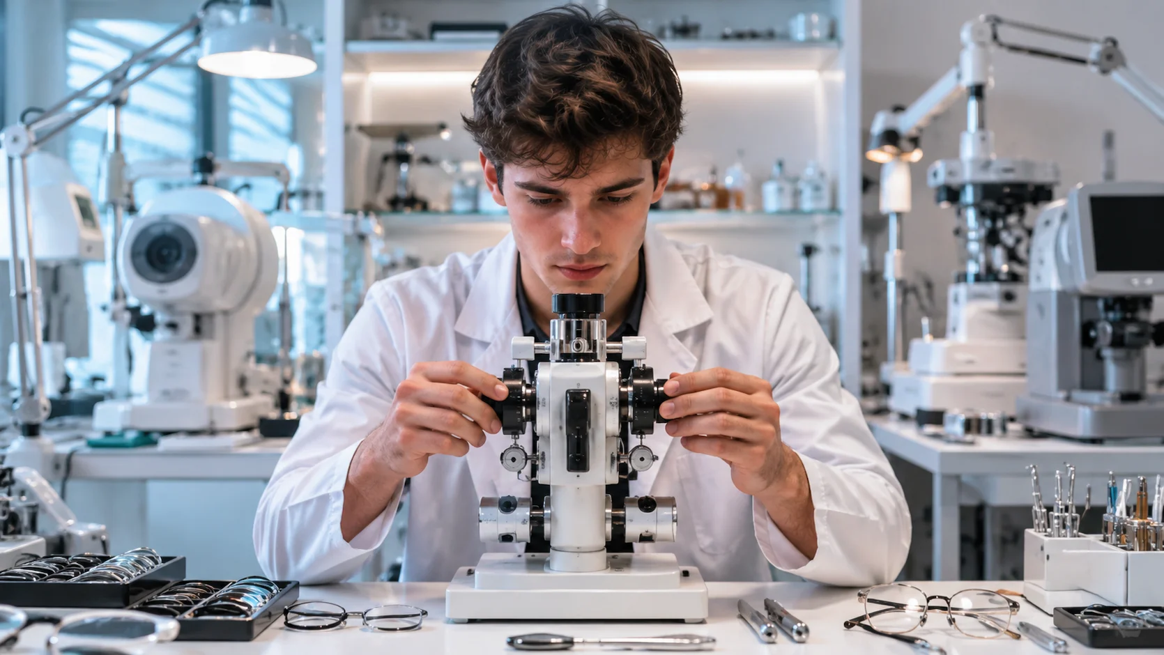 Test orientation école paramédicale technique : étudiant en formation paramédicale manipulant un équipement médical dans un laboratoire ou cabinet spécialisé
