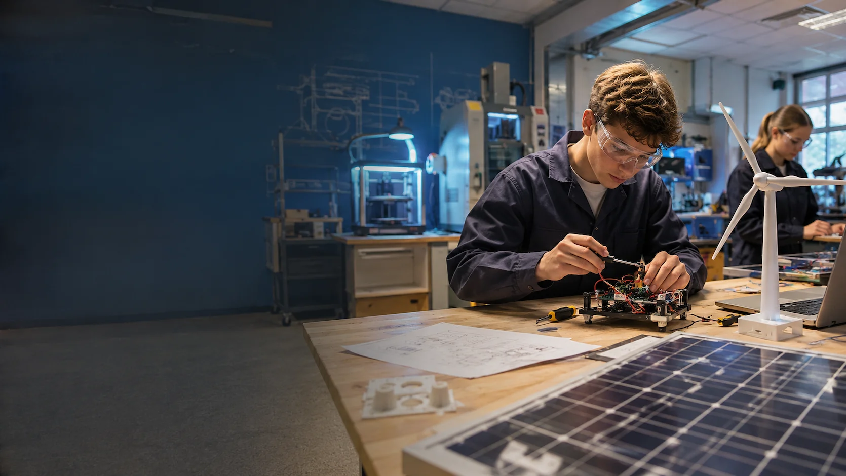 Test filière STI2D : lycéen en atelier technique travaillant sur un projet de conception dans un lycée technologique français