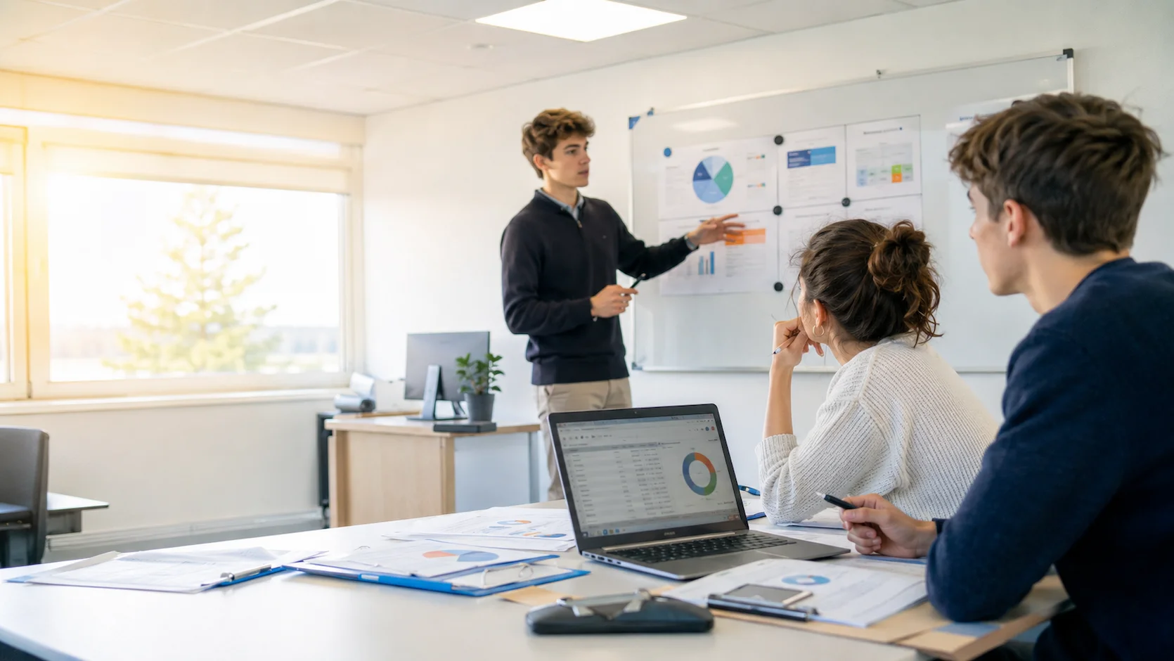 Test filière STMG : lycéens en simulation d'entreprise autour d'un tableau blanc dans un lycée technologique français