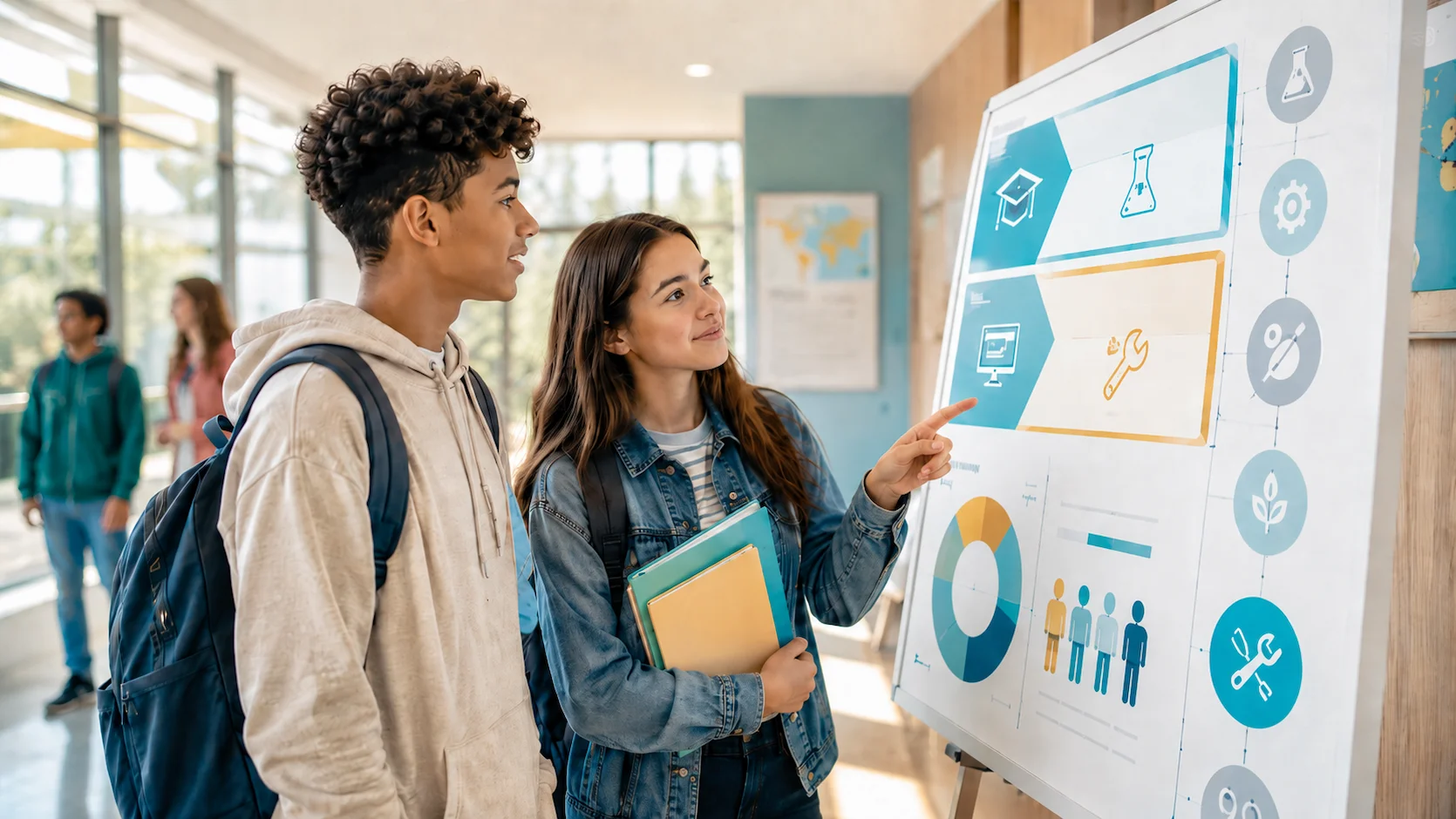 Deux lycéens de 3e discutant de leur orientation face a un tableau affichant les filieres bac general et bac technologique