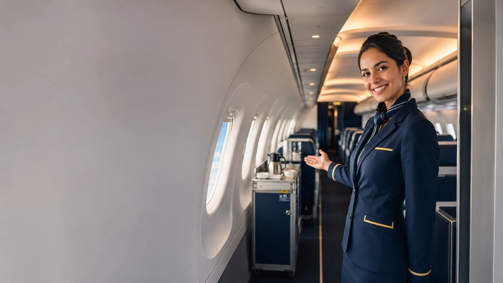 Test orientation hôtesse de l'air steward : PNC en uniforme accueillant des passagers dans un couloir d'avion