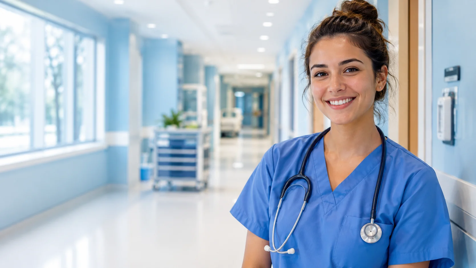 Test orientation infirmier : infirmière souriante avec stéthoscope dans un couloir hospitalier lumineux