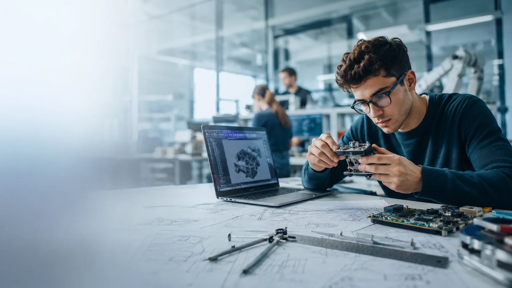 Test orientation ingénieur : étudiant en école d'ingénieurs travaillant sur un projet technique avec des plans et un ordinateur
