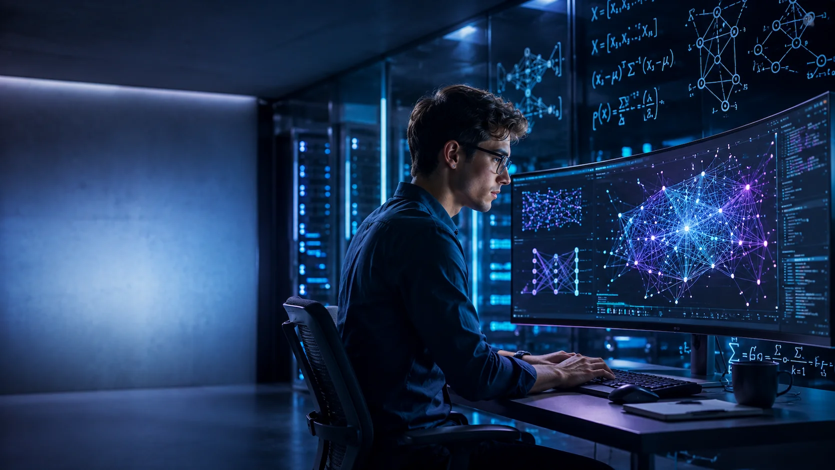 Test d'orientation Métiers de l'Intelligence Artificielle : chercheuse en IA analysant des réseaux de neurones artificiels et des modèles de deep learning sur de grands écrans