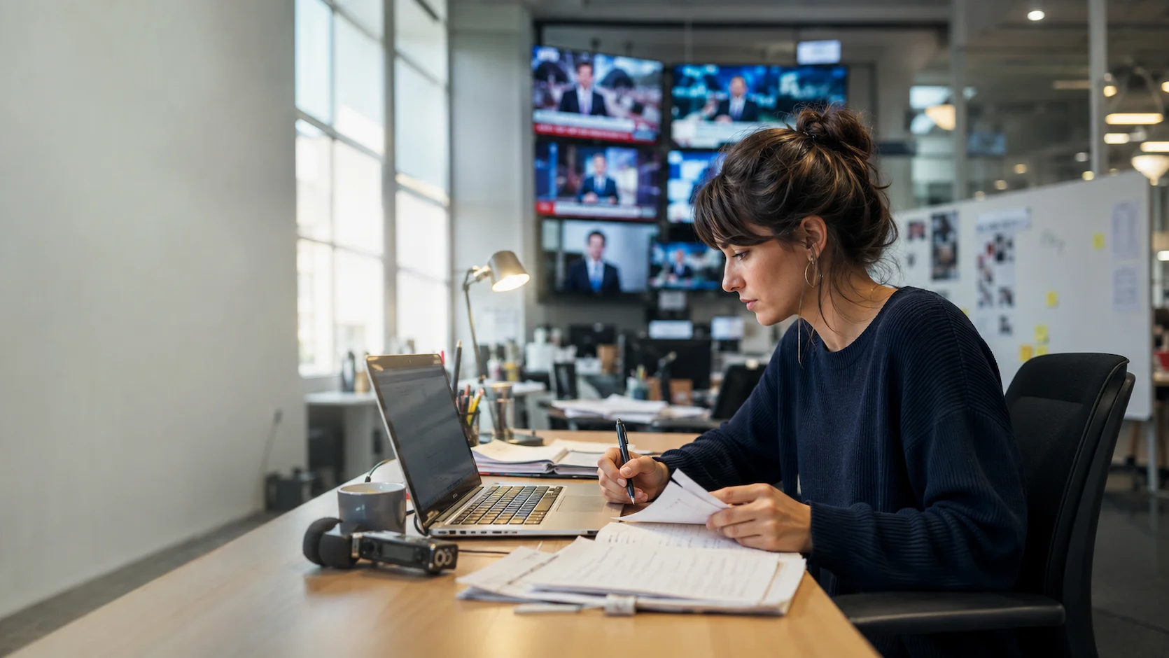 Test d'orientation Journalisme : jeune journaliste préparant un reportage avec un dictaphone et des notes de terrain dans une rédaction de presse française