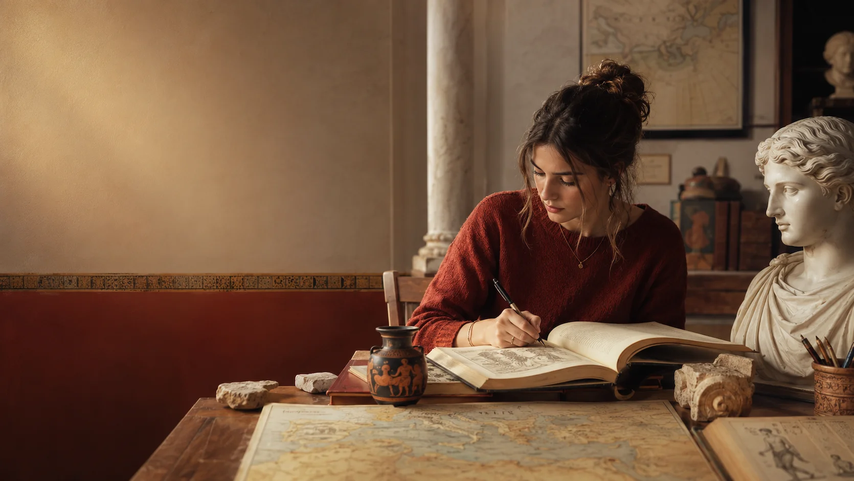 Test spécialité LLCA : lycéen étudiant des textes latins et des fragments de civilisation antique dans un cadre académique évoquant Rome et la Grèce classique