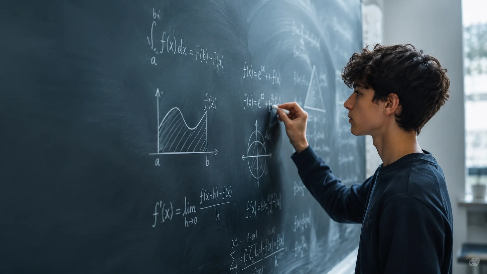 Test spécialité Mathématiques : lycéen travaillant sur des formules mathématiques au tableau