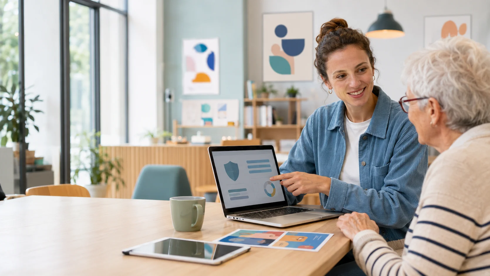 Test d'orientation numérique éducatif : médiatrice numérique expliquant avec patience l'utilisation d'un ordinateur à une femme senior dans un espace France Services en France