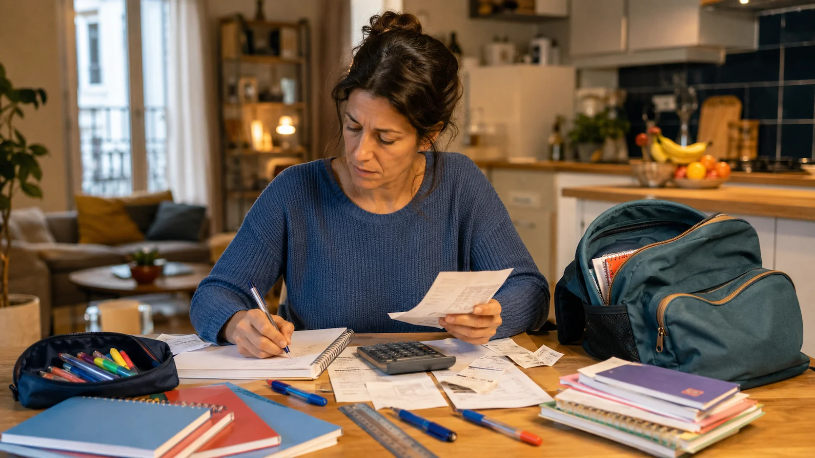 Budget scolarité : parent calculant les dépenses scolaires avec des cahiers et fournitures sur une table