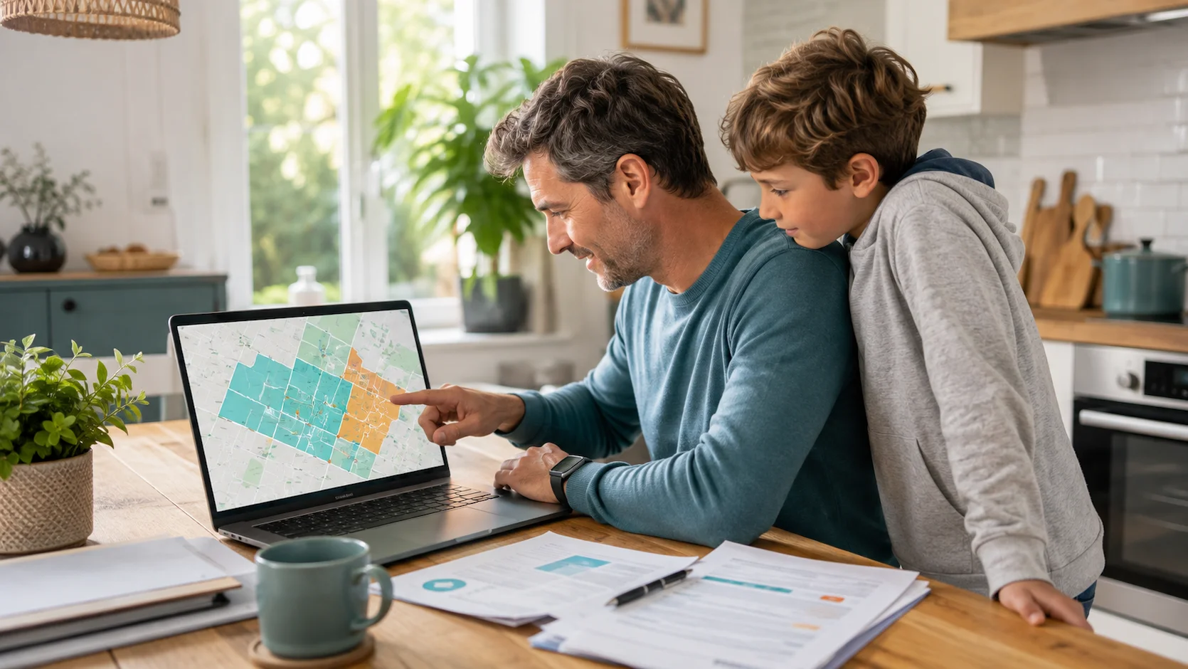 Parent etudiant une carte des zones scolaires de sa ville sur un ecran avec son enfant pour comprendre la sectorisation