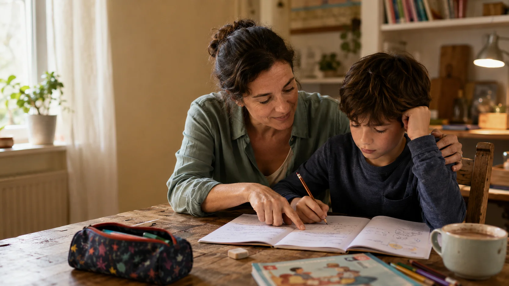 Quiz dyslexie et troubles DYS : parent aidant son enfant à lire dans un cadre bienveillant et chaleureux