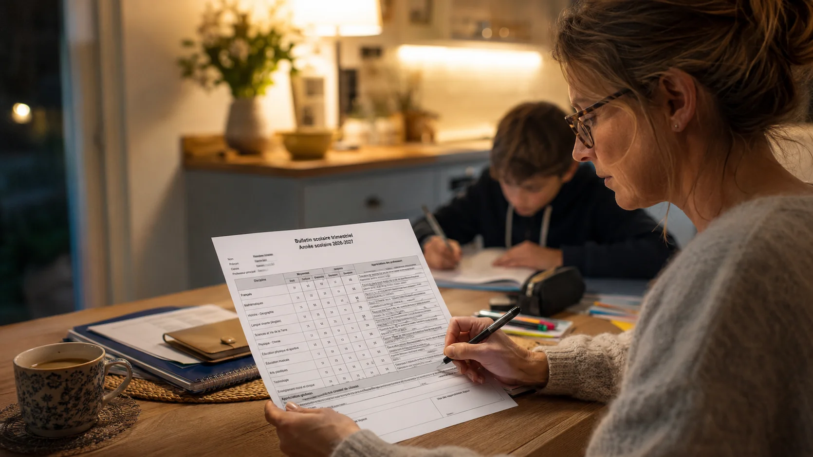Quiz parents : lire le bulletin scolaire — parent attentif lisant un bulletin scolaire français à la table familiale