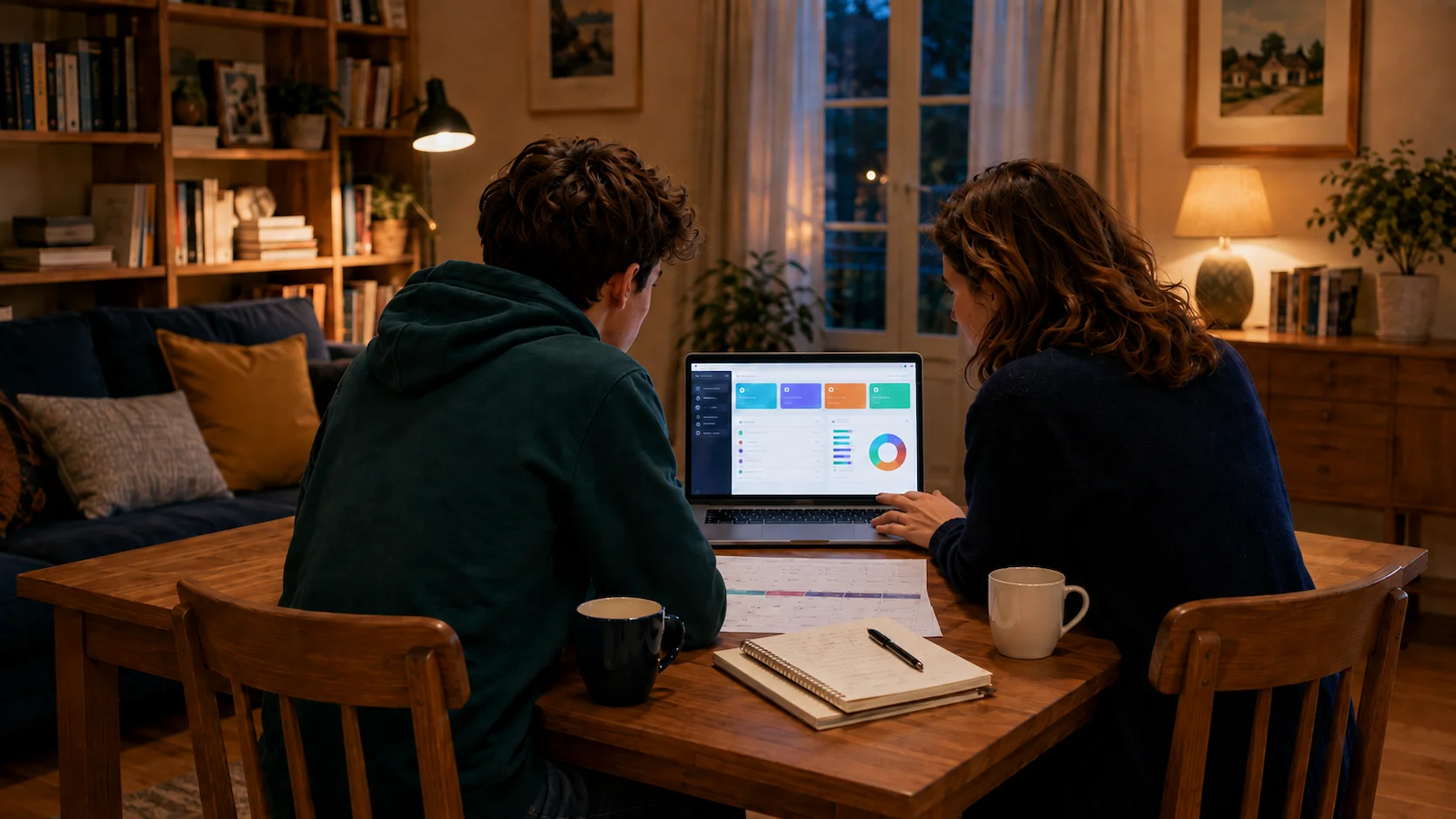 Parcoursup pour les parents : un parent et son lycéen de Terminale analysant ensemble la plateforme Parcoursup sur un ordinateur