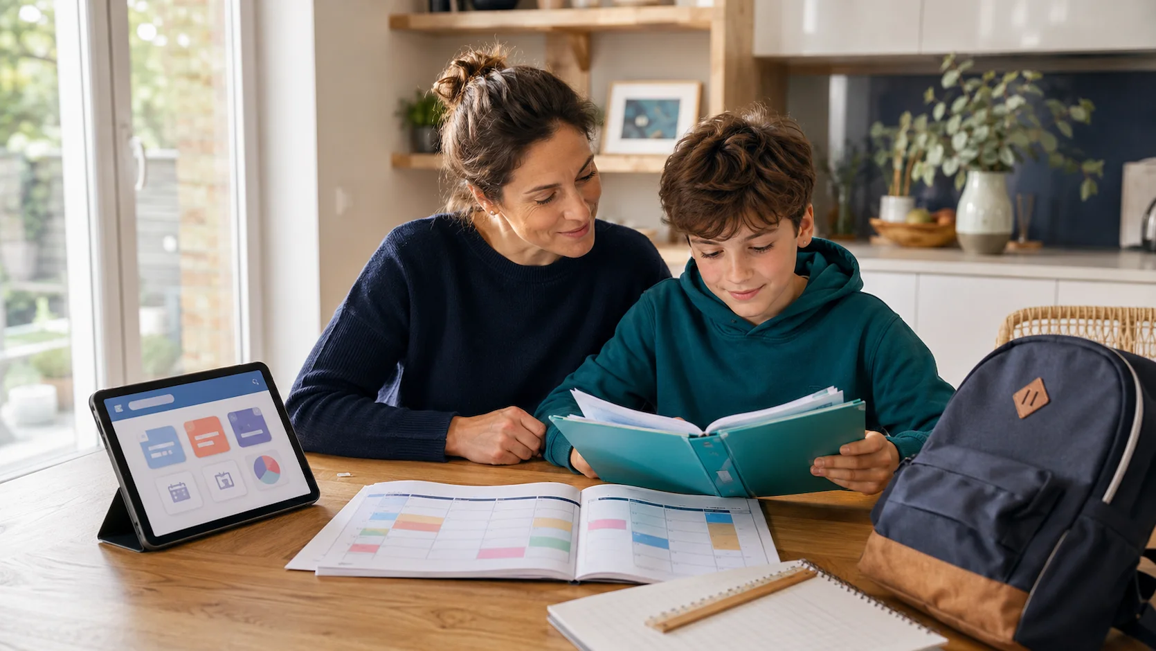 Rentrée en 6e : parent et son enfant de 10 ans vérifiant ensemble l'emploi du temps du collège et le sac de cours