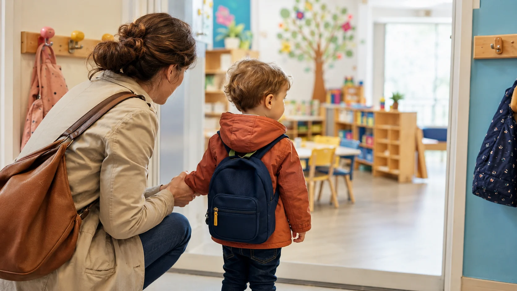 Test première rentrée maternelle : jeune enfant avec cartable devant une école maternelle française accompagné de ses parents