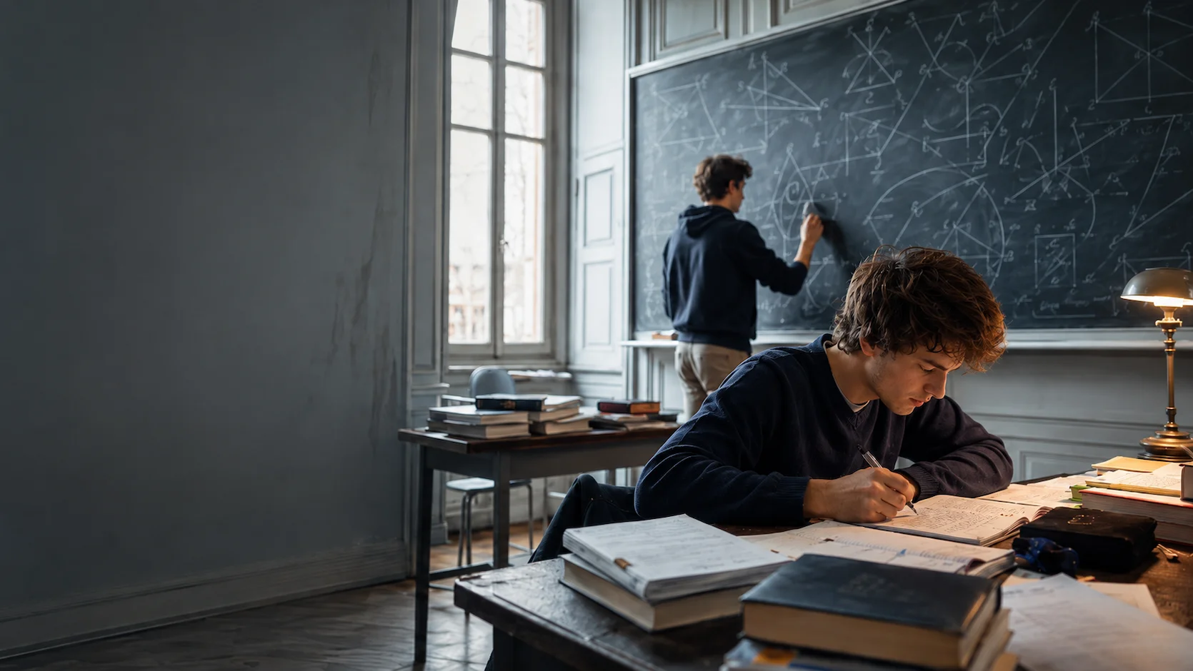 Test prépa scientifique : étudiants en classe préparatoire travaillant intensément dans une salle de cours avec des tableaux couverts de formules mathématiques