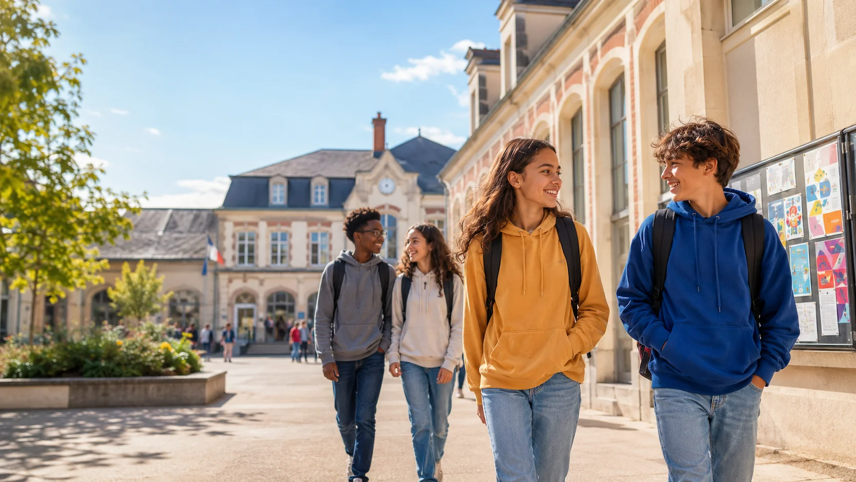 Test choix collège : cour de collège français animée avec des collégiens en train de discuter et jouer sous le soleil