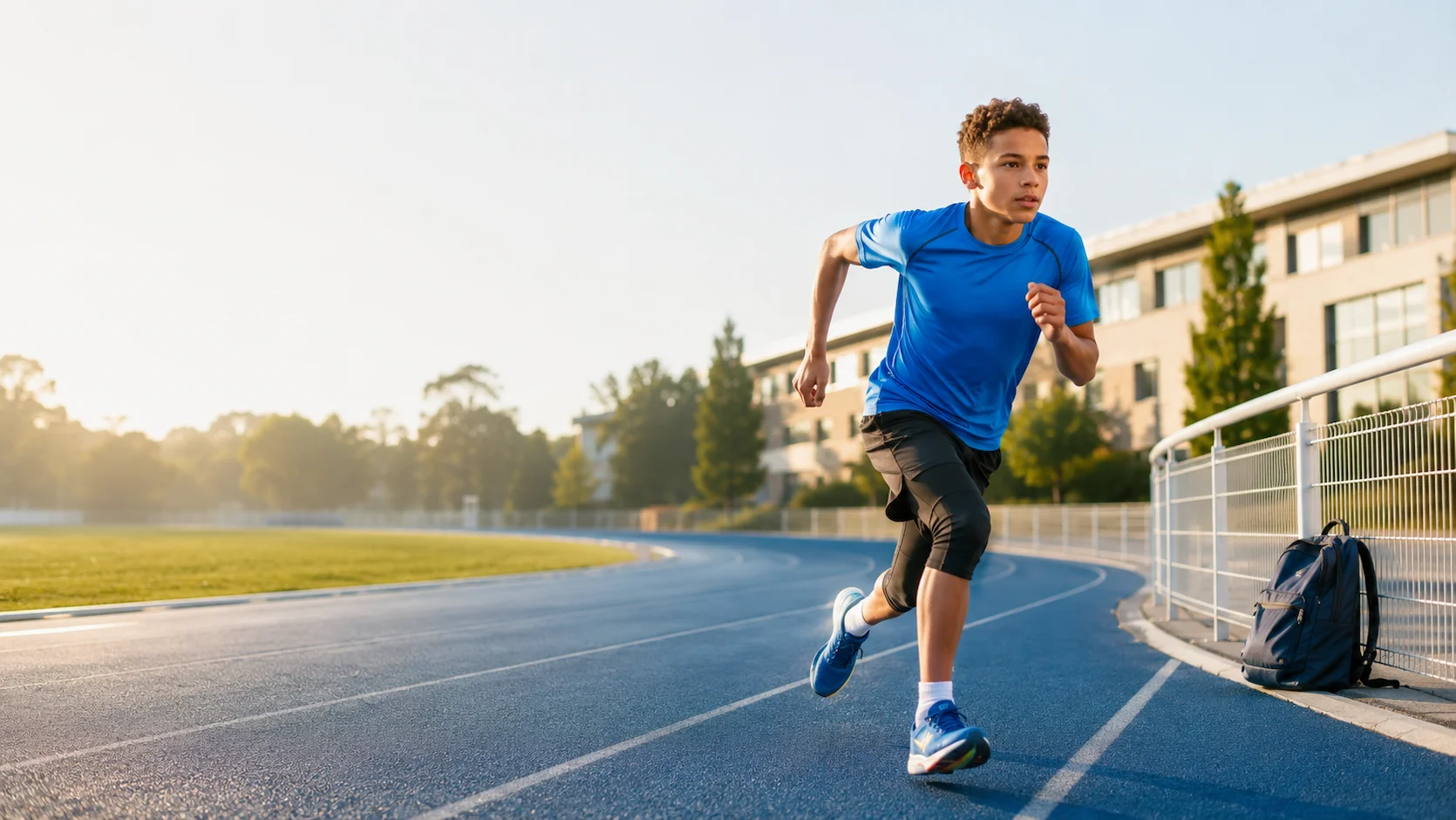 Test section sportive scolaire : jeune lycéen ou collégien en tenue de sport courant sur une piste d'athlétisme d'un établissement scolaire français avec son cartable posé en bord de piste