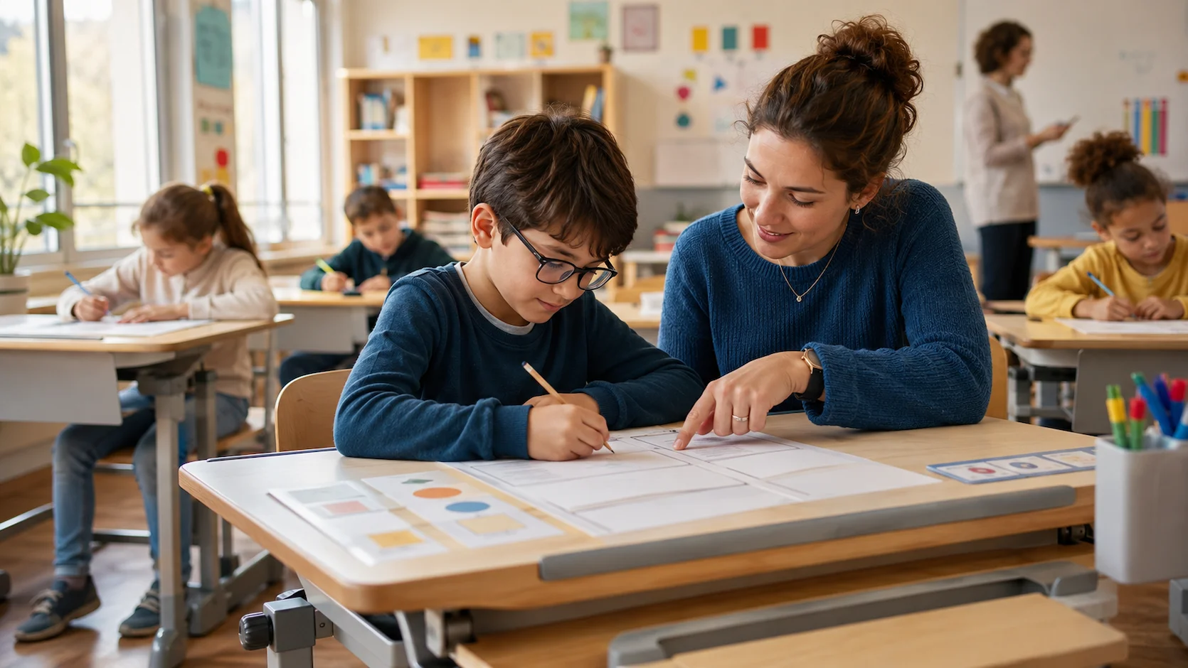 Test ULIS et besoins éducatifs : enfant avec besoins particuliers travaillant avec un accompagnant AESH dans une salle de classe inclusive française lumineuse
