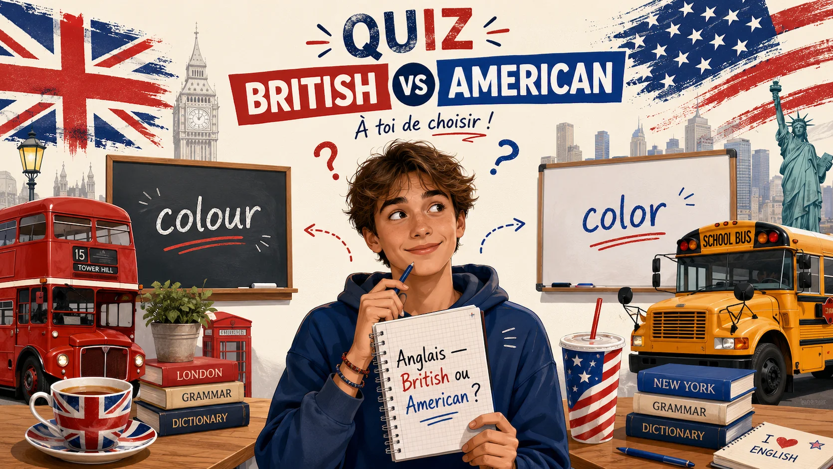 Quiz British vs American English : lycéen entre un tableau britannique (colour) et un tableau américain (color), bus rouge et bus jaune en arrière-plan