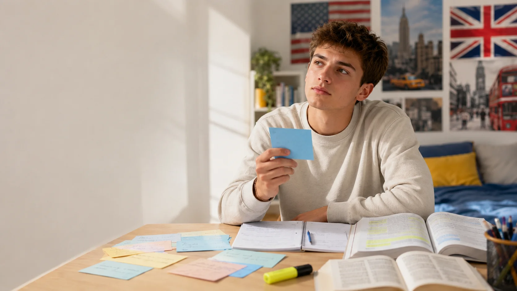 Quiz vocabulaire anglais Terminale : lycéen de Terminale révisant du vocabulaire anglais avec des fiches colorées et un manuel sur un bureau