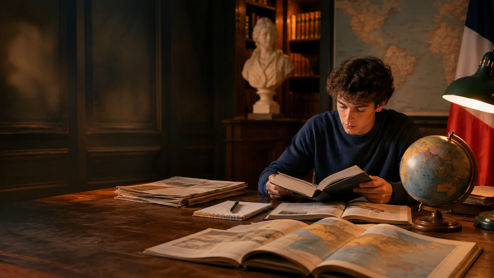 Quiz culture générale : livres d'histoire, globe terrestre et journaux sur un bureau, symbolisant la culture générale