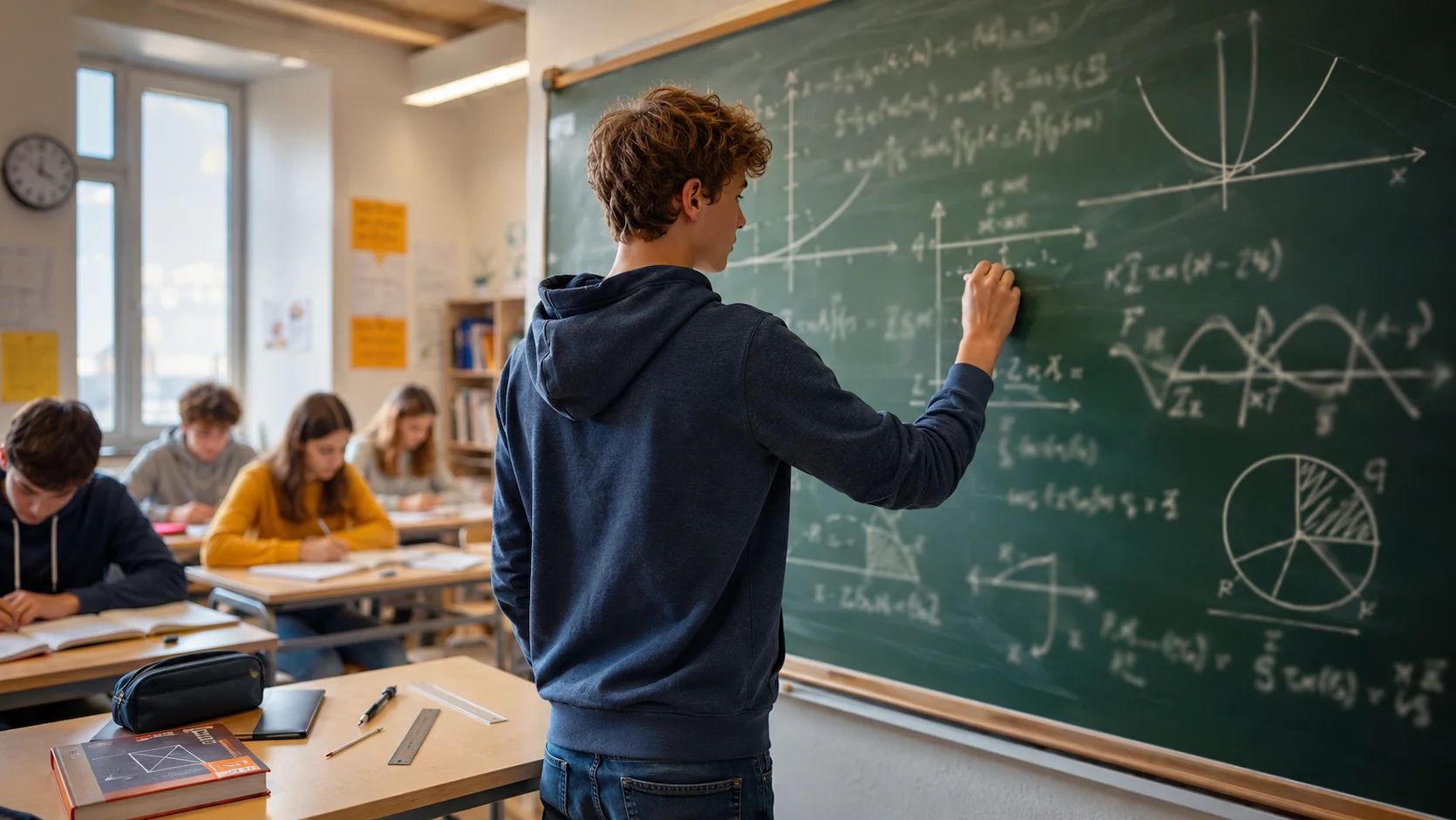 Quiz maths Seconde : lycéen résolvant des équations au tableau noir dans une salle de classe de mathématiques