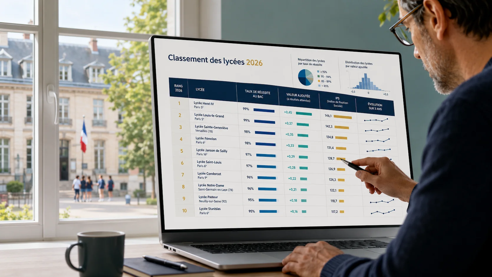Quiz palmarès scolaire : tableau de classement d'établissements français avec indicateurs de résultats sur un écran ou une affiche