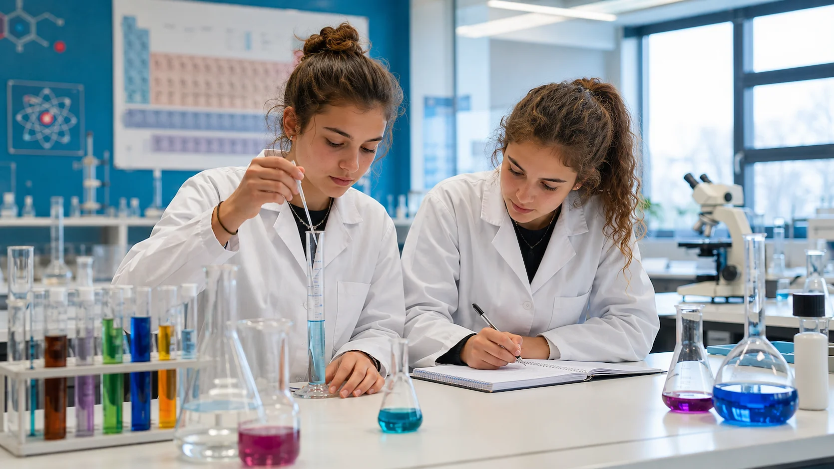 Quiz méthode scientifique lycée : étudiants en blouse blanche réalisant une expérience dans un laboratoire de lycée