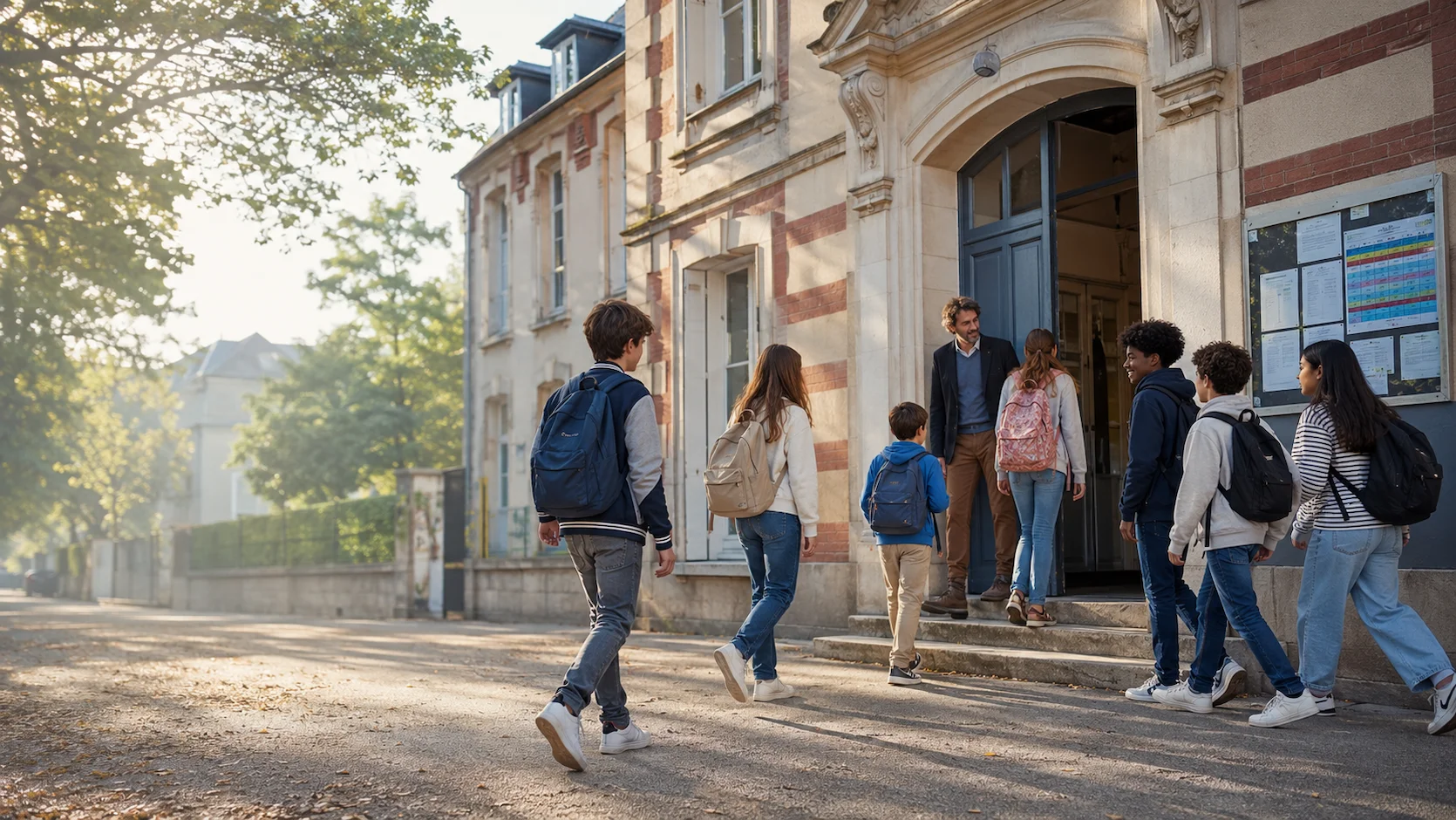 Quiz système scolaire français : bâtiment scolaire français avec élèves devant les portes, symbolisant l'éducation nationale