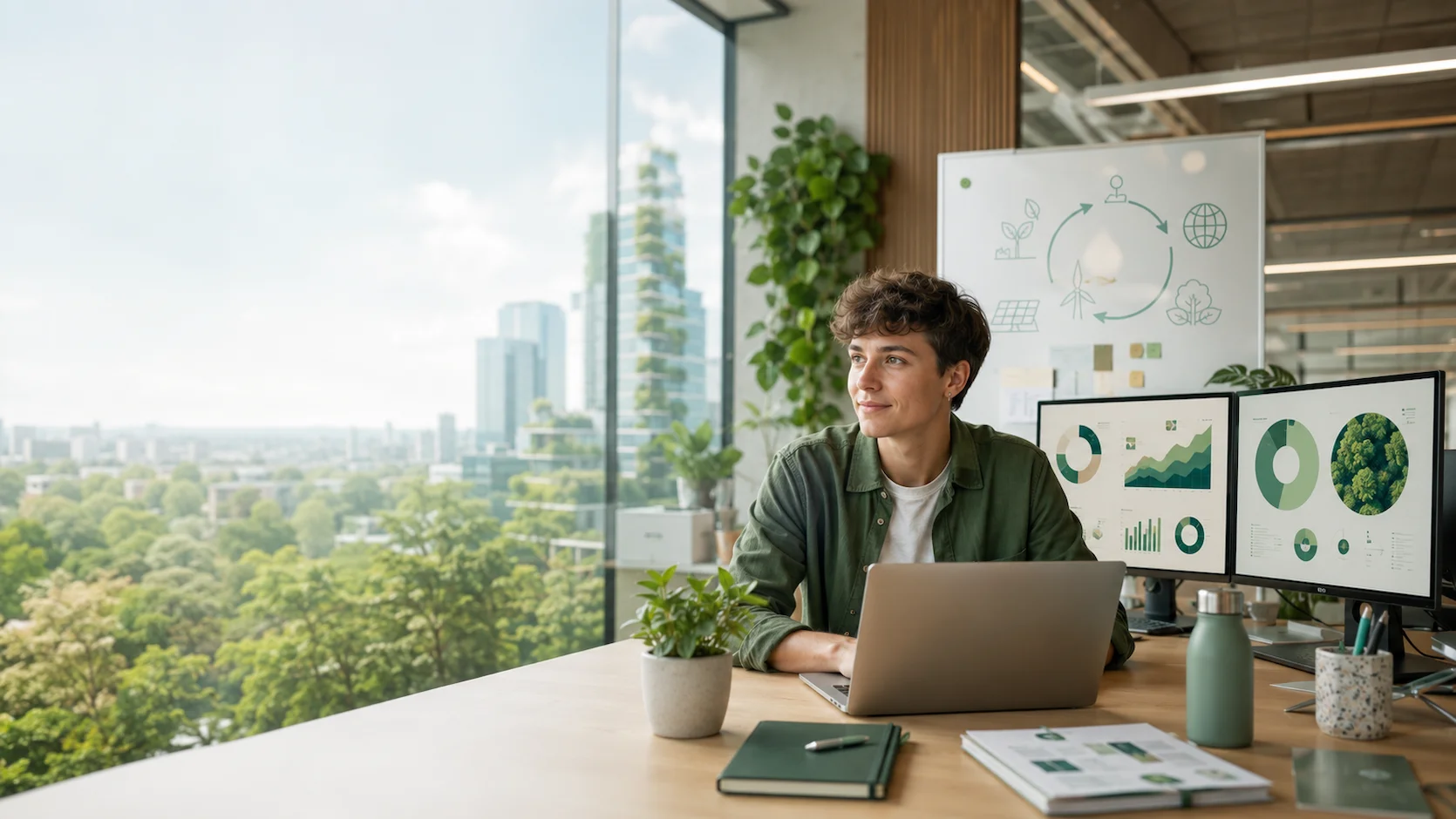 Test métiers RSE et transition écologique : professionnel analysant un bilan carbone et une stratégie développement durable sur un bureau avec des données environnementales