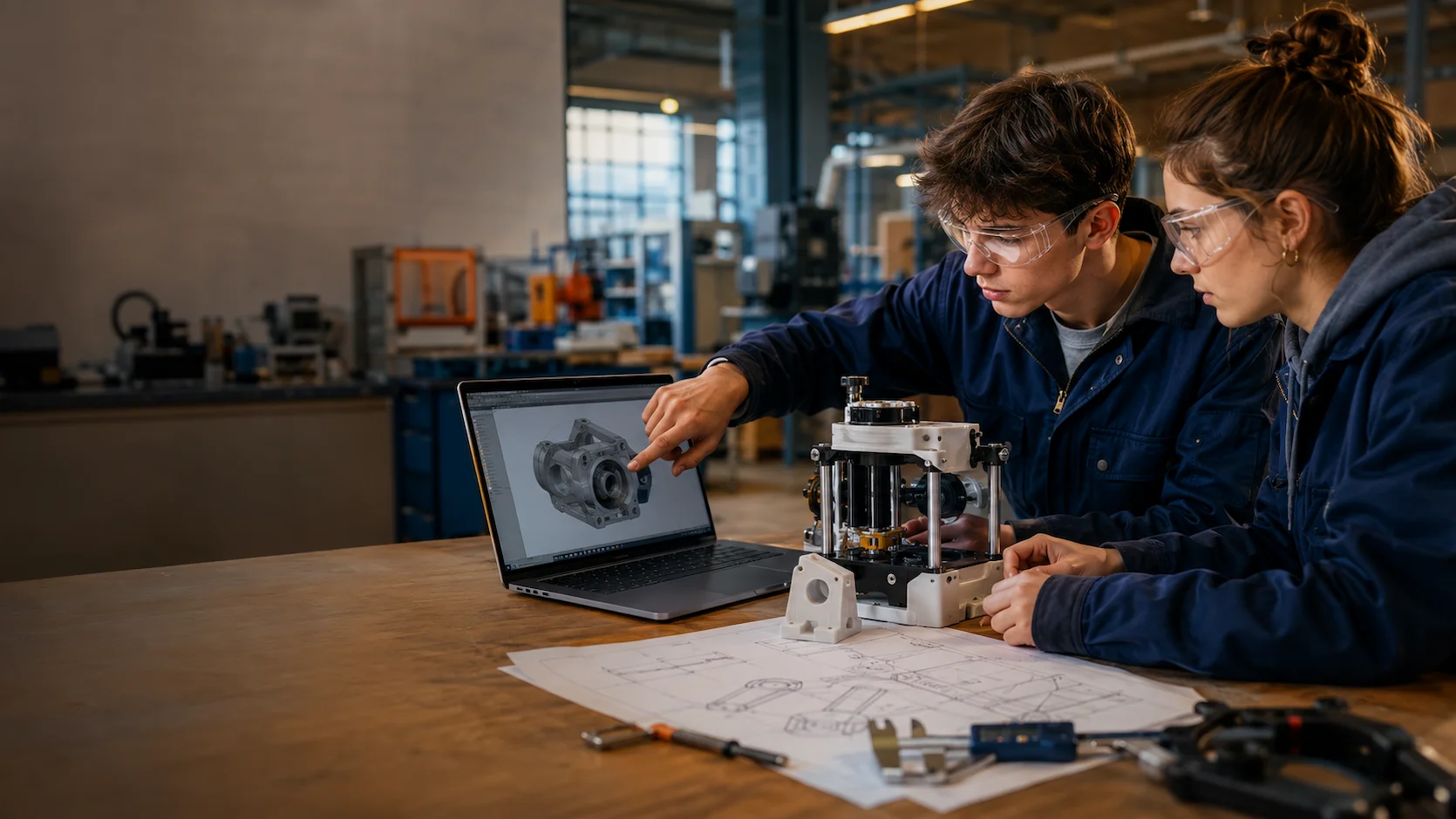 Test spécialité SI : lycéen travaillant sur un prototype mécanique et un écran de modélisation 3D dans un atelier technique français
