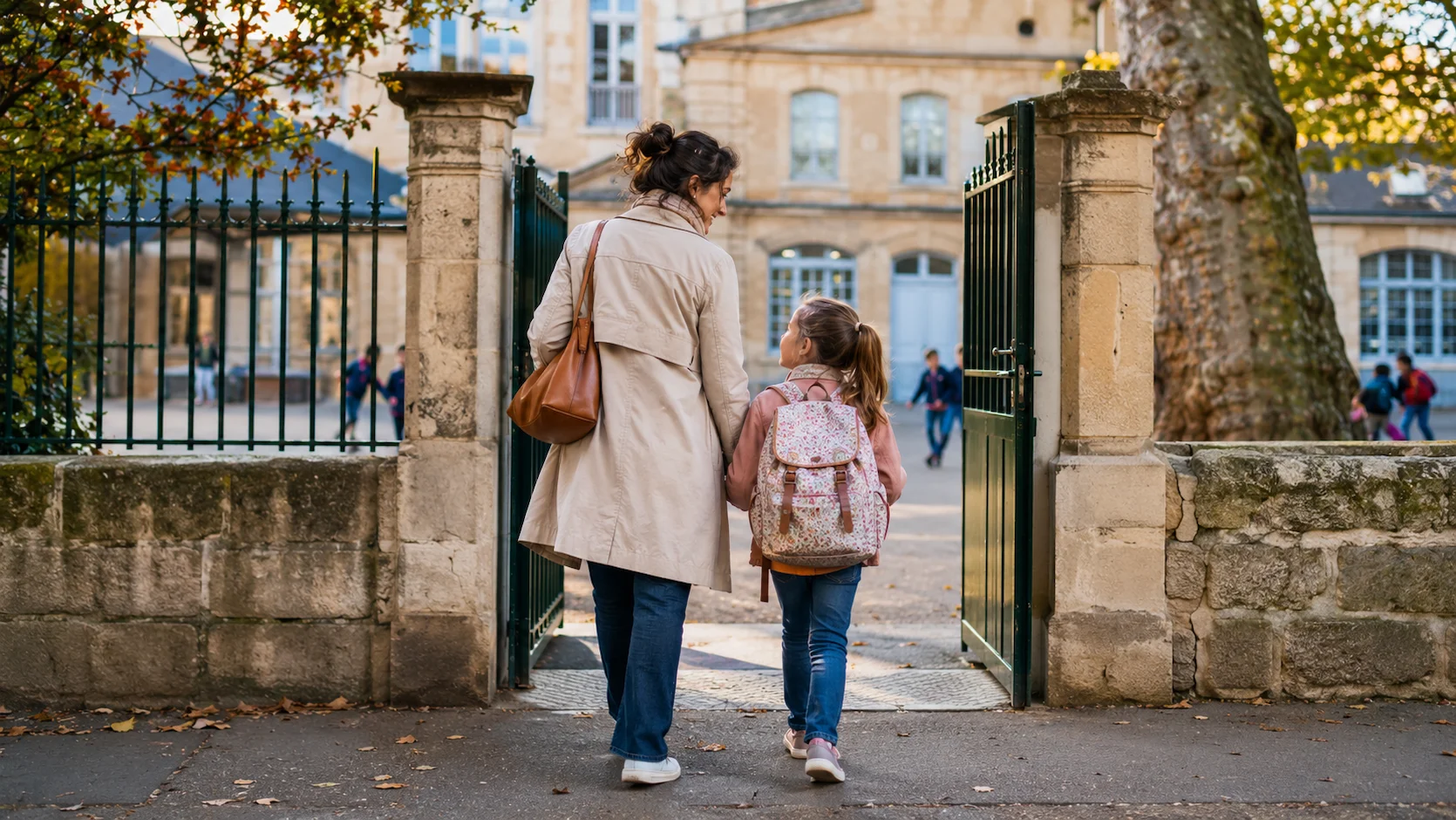Test orientation sectorisation scolaire dérogation : parents accompagnant leur enfant à l'entrée d'une école primaire française