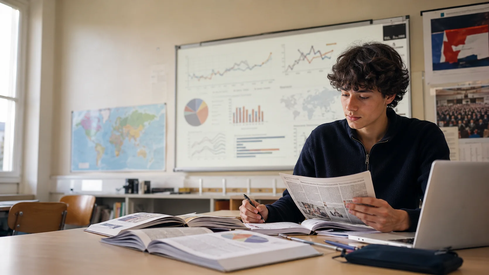 Test spécialité SES : lycéen(ne) lisant un journal économique devant un tableau de graphiques et de données